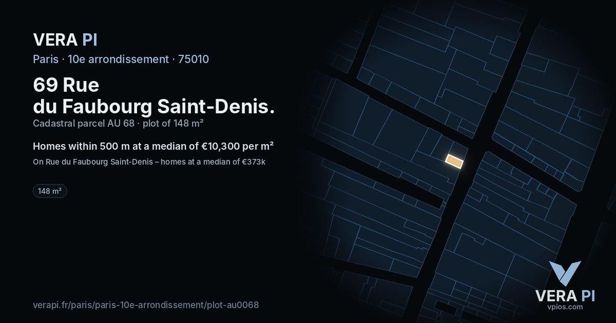 69 Rue du Faubourg Saint-Denis, 10e arrondissement at night – the plot lit, the parcels around coloured by the prices near them