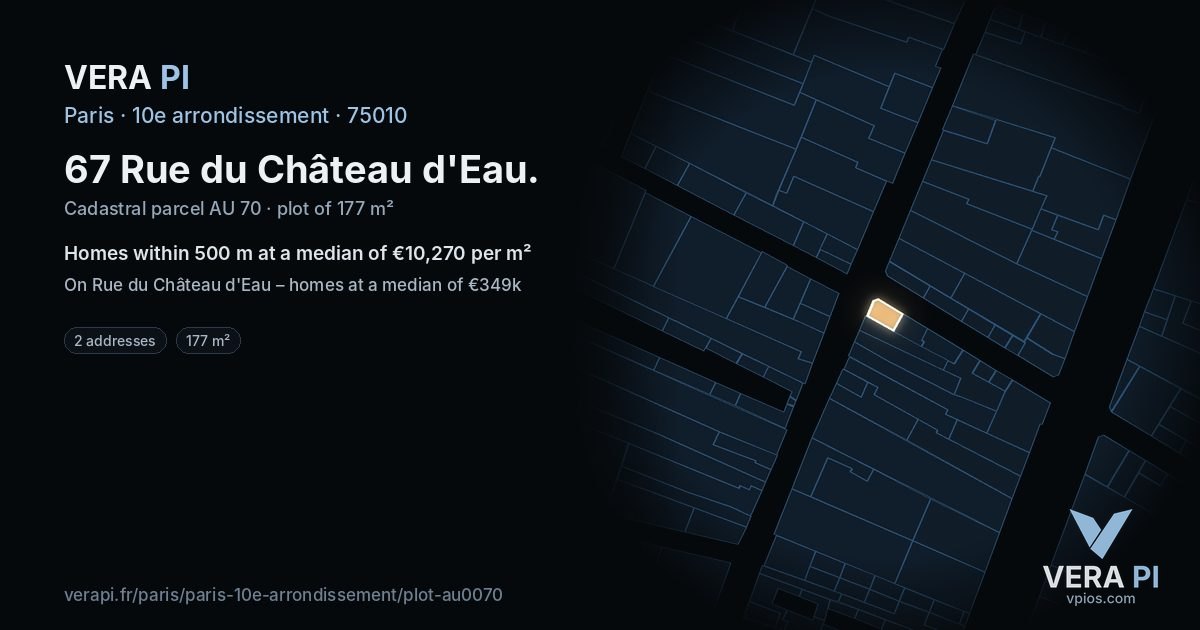 67 Rue du Château d'Eau, 10e arrondissement at night – the plot lit, the parcels around coloured by the prices near them
