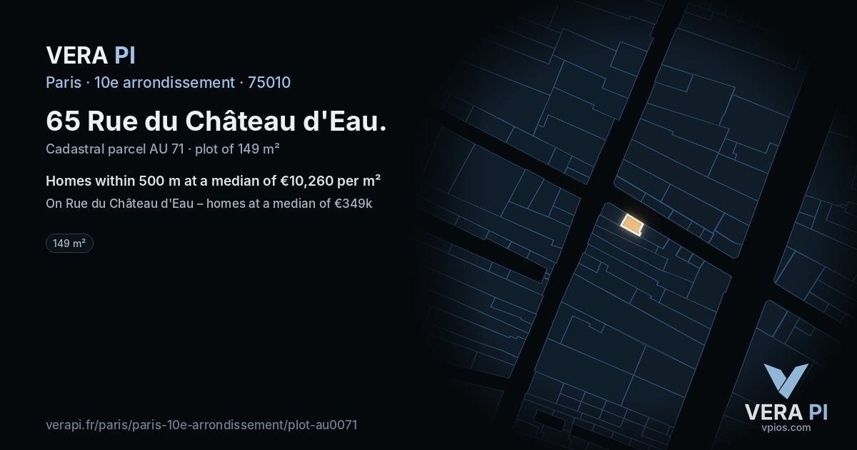 65 Rue du Château d'Eau, 10e arrondissement at night – the plot lit, the parcels around coloured by the prices near them