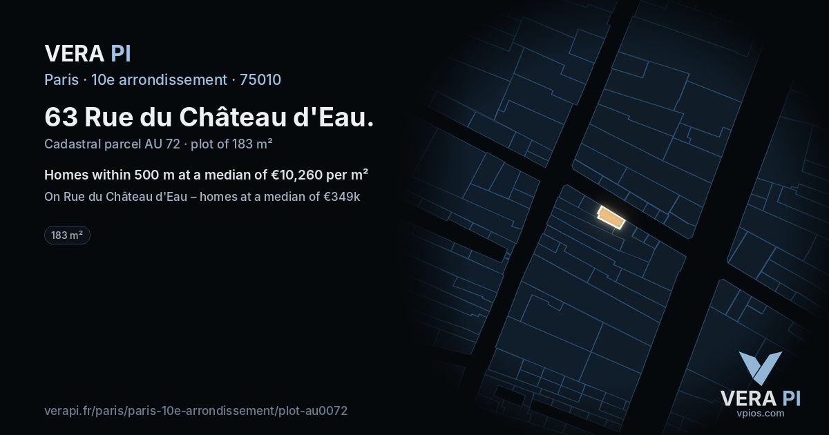 63 Rue du Château d'Eau, 10e arrondissement at night – the plot lit, the parcels around coloured by the prices near them