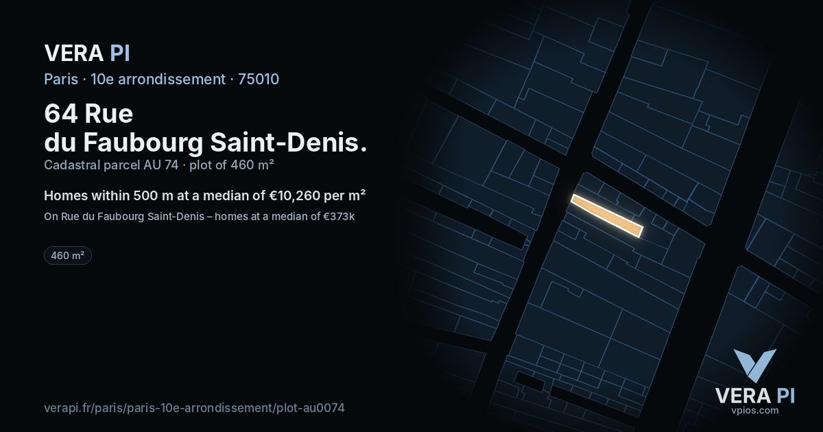 64 Rue du Faubourg Saint-Denis, 10e arrondissement at night – the plot lit, the parcels around coloured by the prices near them
