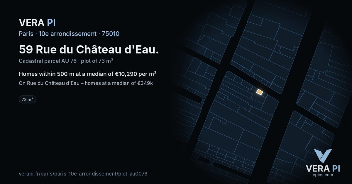 59 Rue du Château d'Eau, 10e arrondissement at night – the plot lit, the parcels around coloured by the prices near them