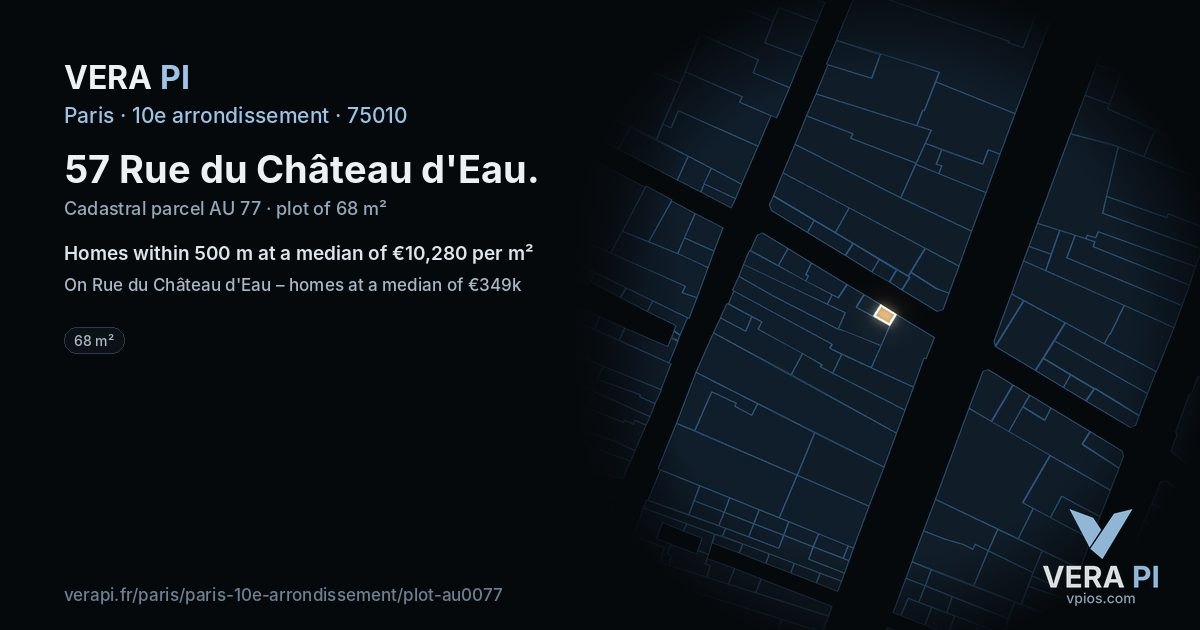 57 Rue du Château d'Eau, 10e arrondissement at night – the plot lit, the parcels around coloured by the prices near them