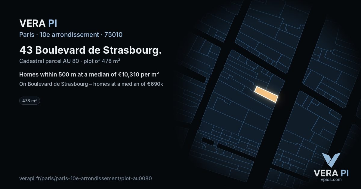 43 Boulevard de Strasbourg, 10e arrondissement at night – the plot lit, the parcels around coloured by the prices near them