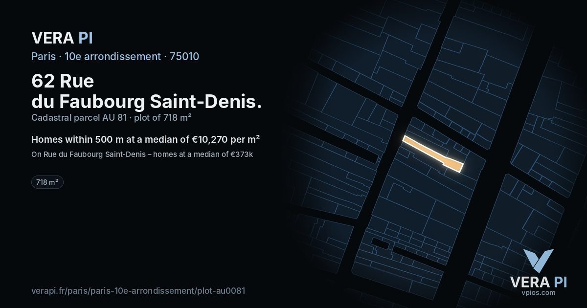 62 Rue du Faubourg Saint-Denis, 10e arrondissement at night – the plot lit, the parcels around coloured by the prices near them