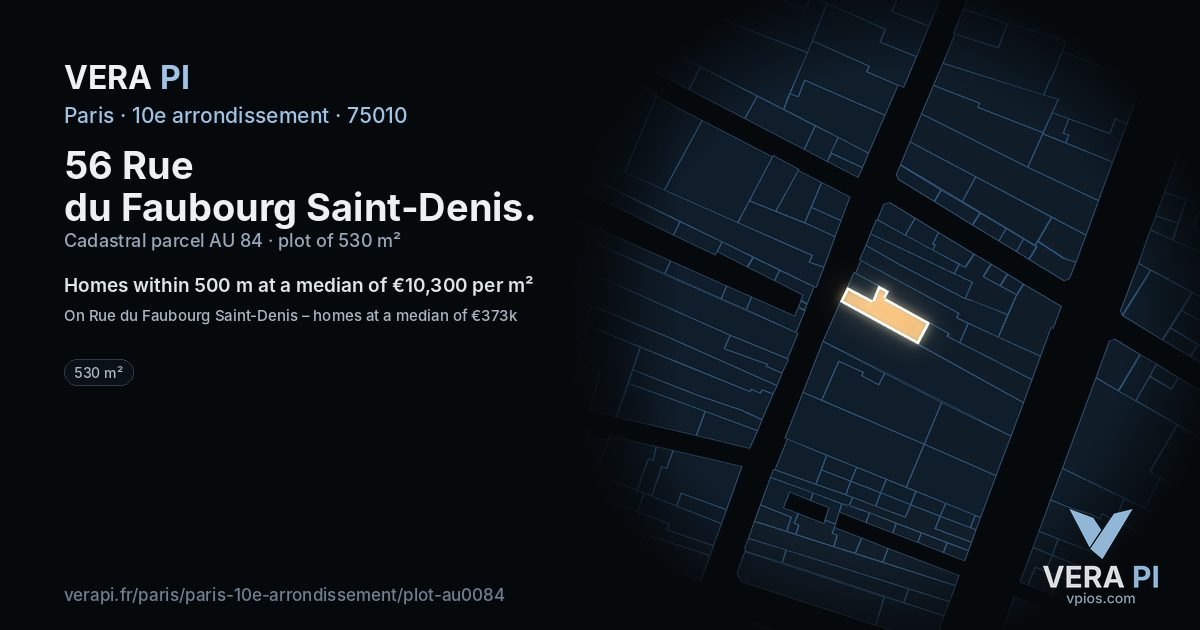 56 Rue du Faubourg Saint-Denis, 10e arrondissement at night – the plot lit, the parcels around coloured by the prices near them