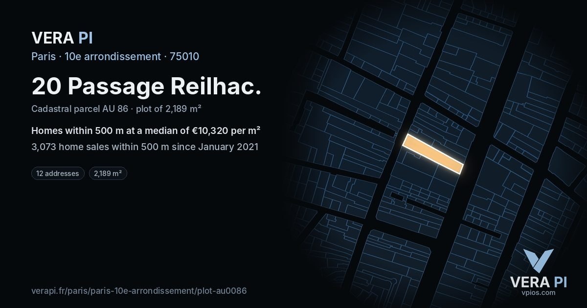 20 Passage Reilhac, 10e arrondissement at night – the plot lit, the parcels around coloured by the prices near them