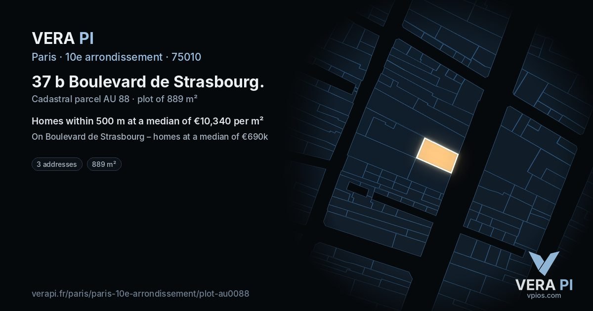 37 b Boulevard de Strasbourg, 10e arrondissement at night – the plot lit, the parcels around coloured by the prices near them
