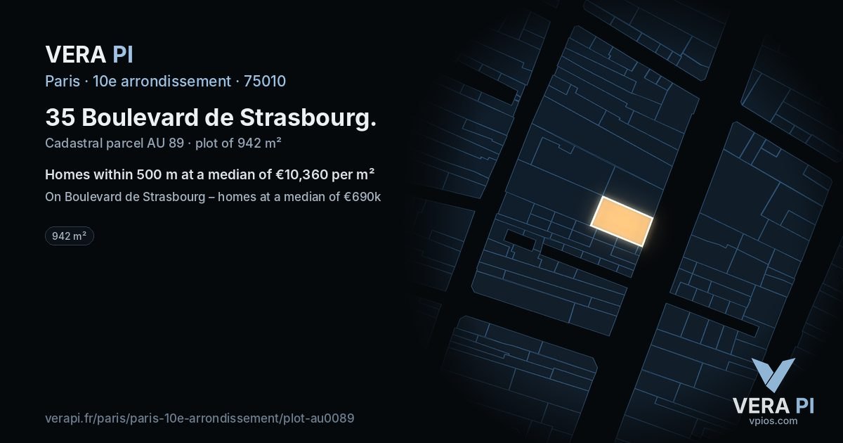 35 Boulevard de Strasbourg, 10e arrondissement at night – the plot lit, the parcels around coloured by the prices near them