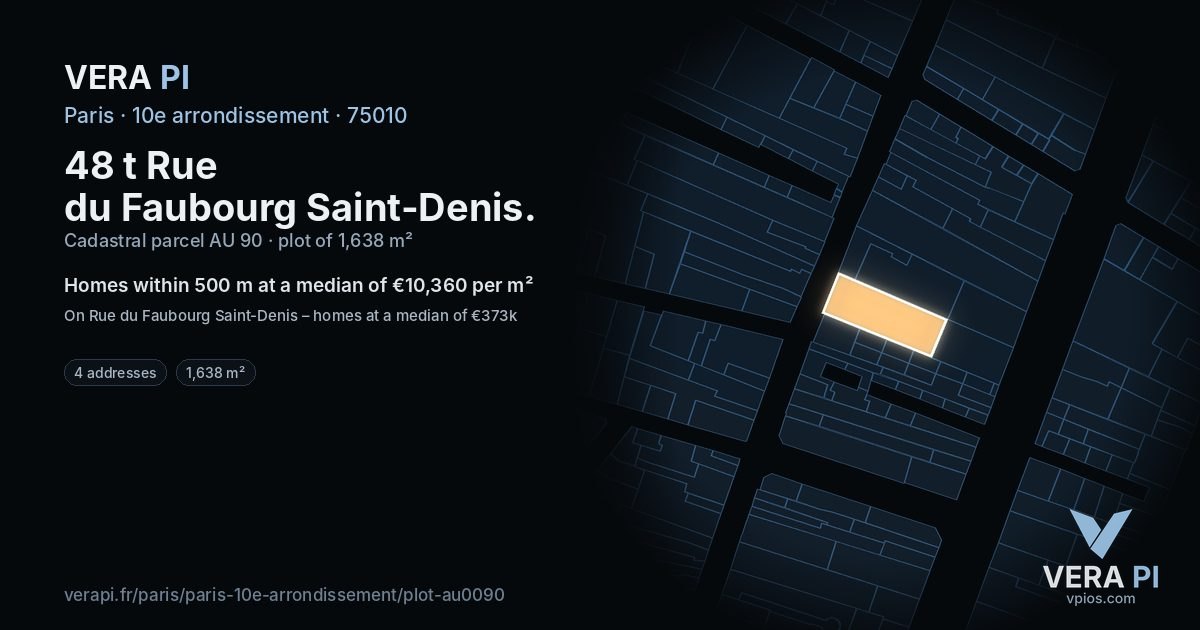 48 t Rue du Faubourg Saint-Denis, 10e arrondissement at night – the plot lit, the parcels around coloured by the prices near them