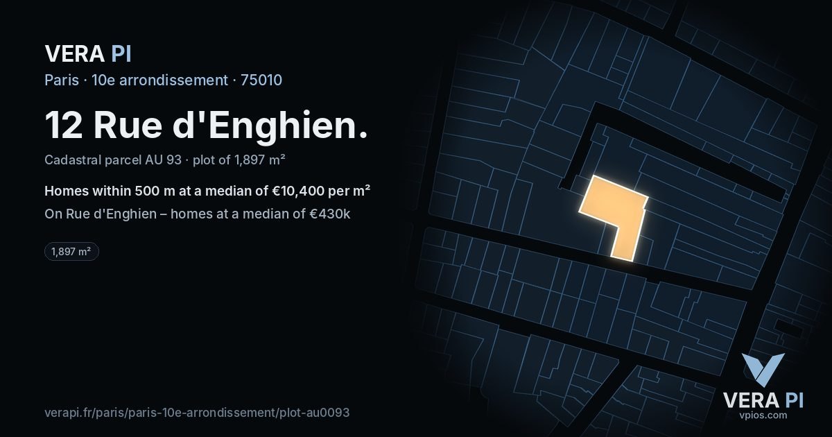 12 Rue d'Enghien, 10e arrondissement at night – the plot lit, the parcels around coloured by the prices near them
