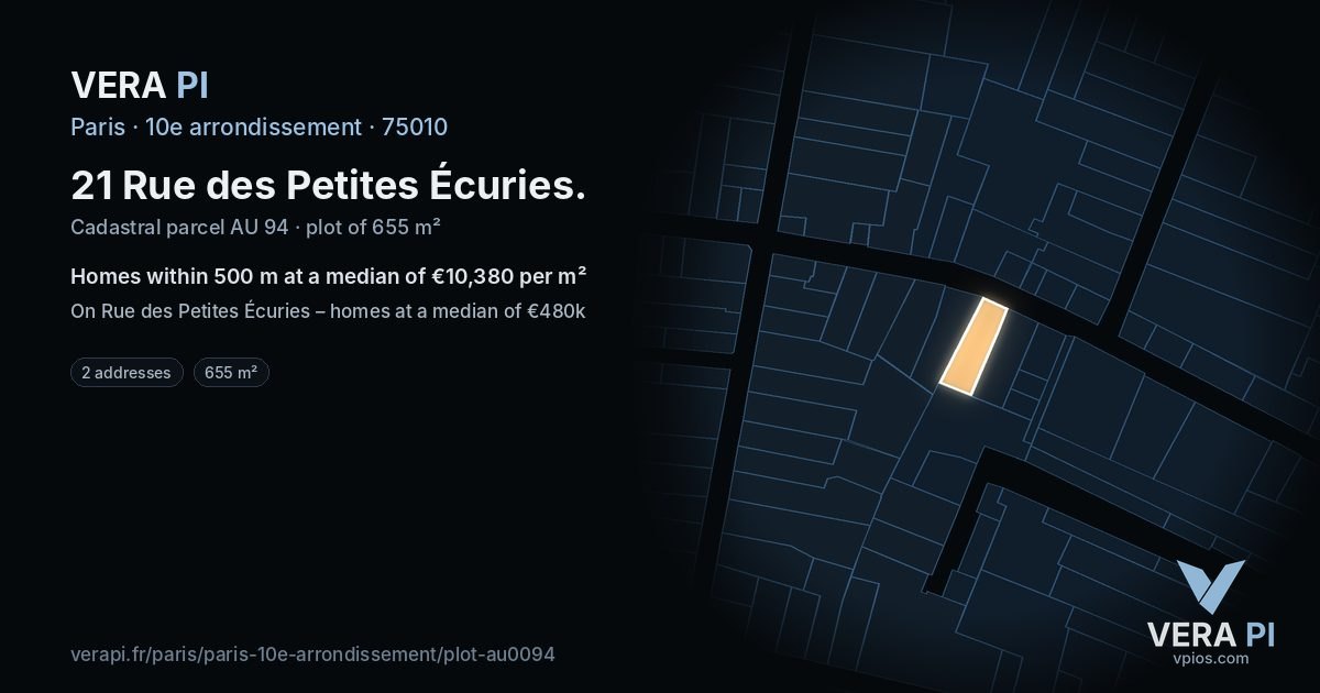 21 Rue des Petites Écuries, 10e arrondissement at night – the plot lit, the parcels around coloured by the prices near them
