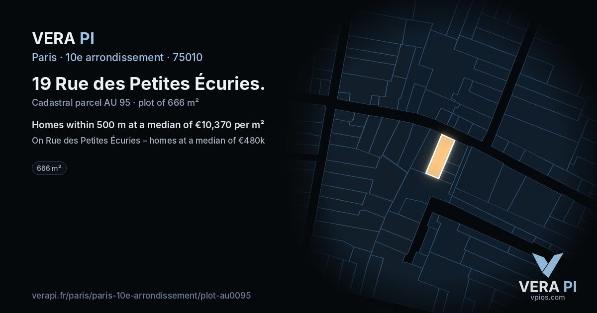 19 Rue des Petites Écuries, 10e arrondissement at night – the plot lit, the parcels around coloured by the prices near them