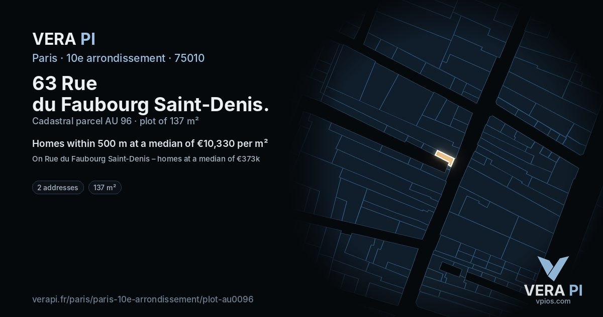63 Rue du Faubourg Saint-Denis, 10e arrondissement at night – the plot lit, the parcels around coloured by the prices near them