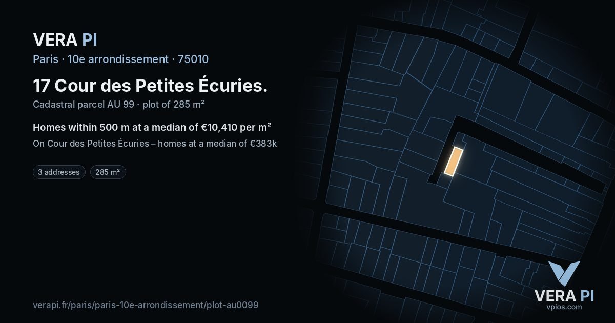 17 Cour des Petites Écuries, 10e arrondissement at night – the plot lit, the parcels around coloured by the prices near them