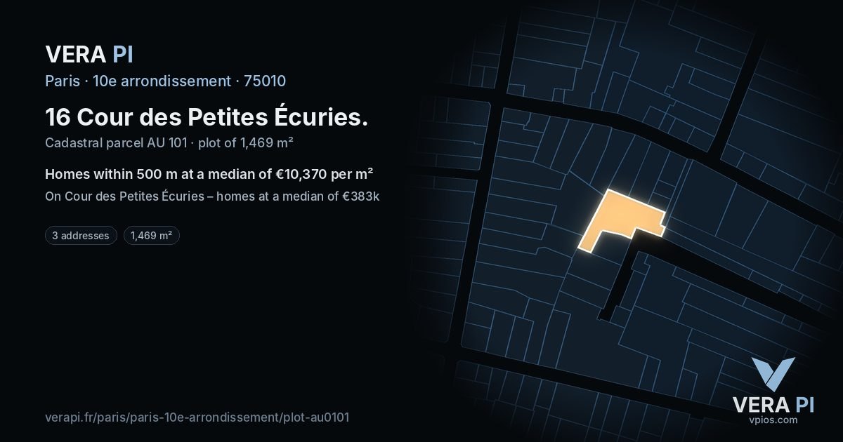 16 Cour des Petites Écuries, 10e arrondissement at night – the plot lit, the parcels around coloured by the prices near them
