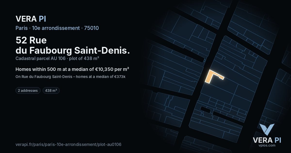 52 Rue du Faubourg Saint-Denis, 10e arrondissement at night – the plot lit, the parcels around coloured by the prices near them
