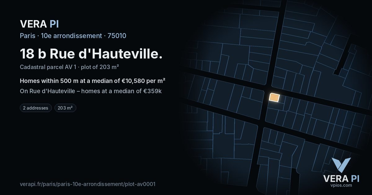 18 b Rue d'Hauteville, 10e arrondissement at night – the plot lit, the parcels around coloured by the prices near them