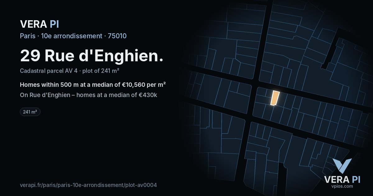 29 Rue d'Enghien, 10e arrondissement at night – the plot lit, the parcels around coloured by the prices near them