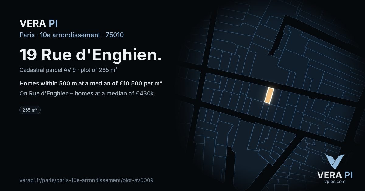 19 Rue d'Enghien, 10e arrondissement at night – the plot lit, the parcels around coloured by the prices near them