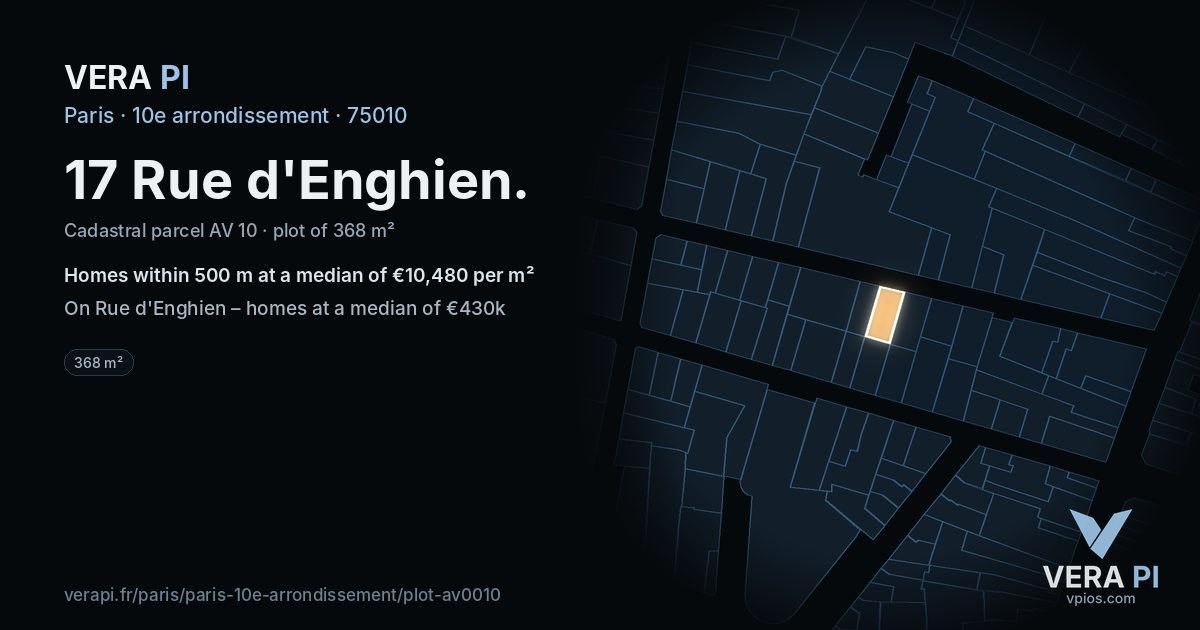 17 Rue d'Enghien, 10e arrondissement at night – the plot lit, the parcels around coloured by the prices near them