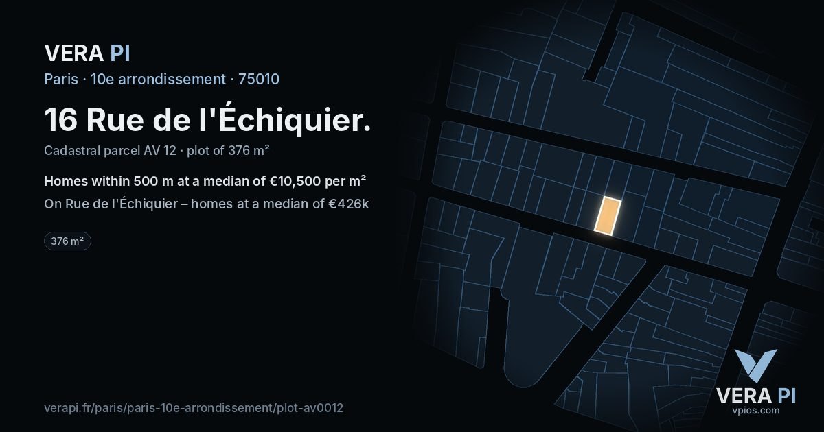 16 Rue de l'Échiquier, 10e arrondissement at night – the plot lit, the parcels around coloured by the prices near them