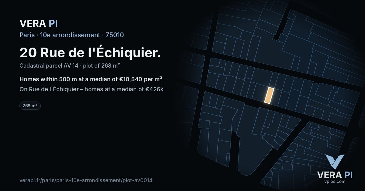 20 Rue de l'Échiquier, 10e arrondissement at night – the plot lit, the parcels around coloured by the prices near them