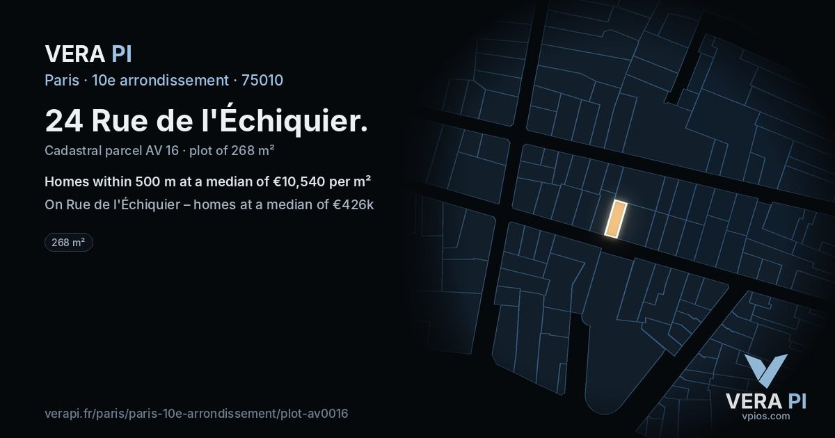 24 Rue de l'Échiquier, 10e arrondissement at night – the plot lit, the parcels around coloured by the prices near them