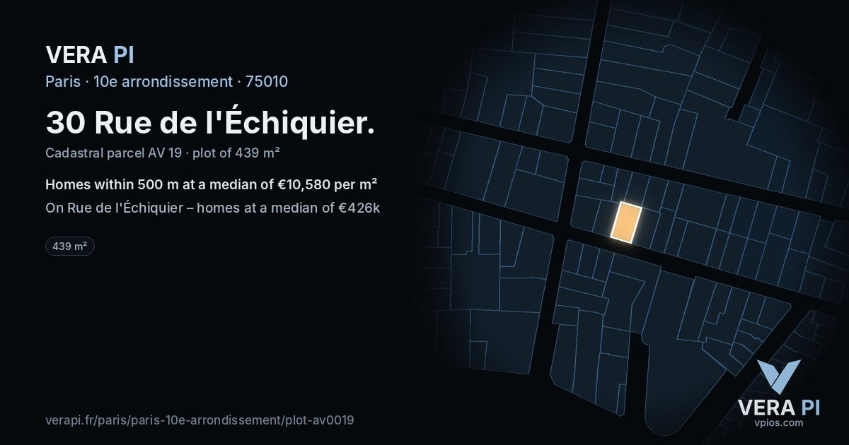 30 Rue de l'Échiquier, 10e arrondissement at night – the plot lit, the parcels around coloured by the prices near them