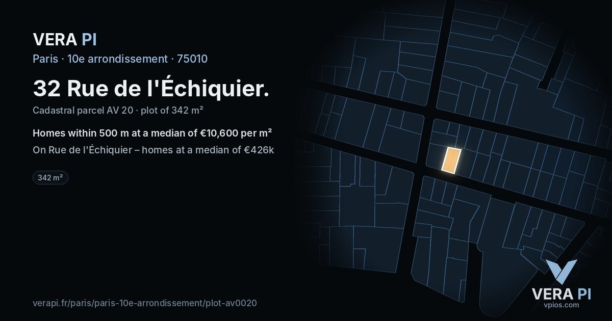 32 Rue de l'Échiquier, 10e arrondissement at night – the plot lit, the parcels around coloured by the prices near them