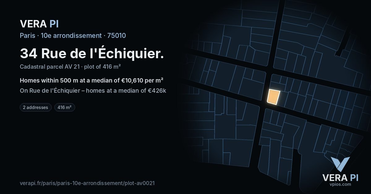 34 Rue de l'Échiquier, 10e arrondissement at night – the plot lit, the parcels around coloured by the prices near them