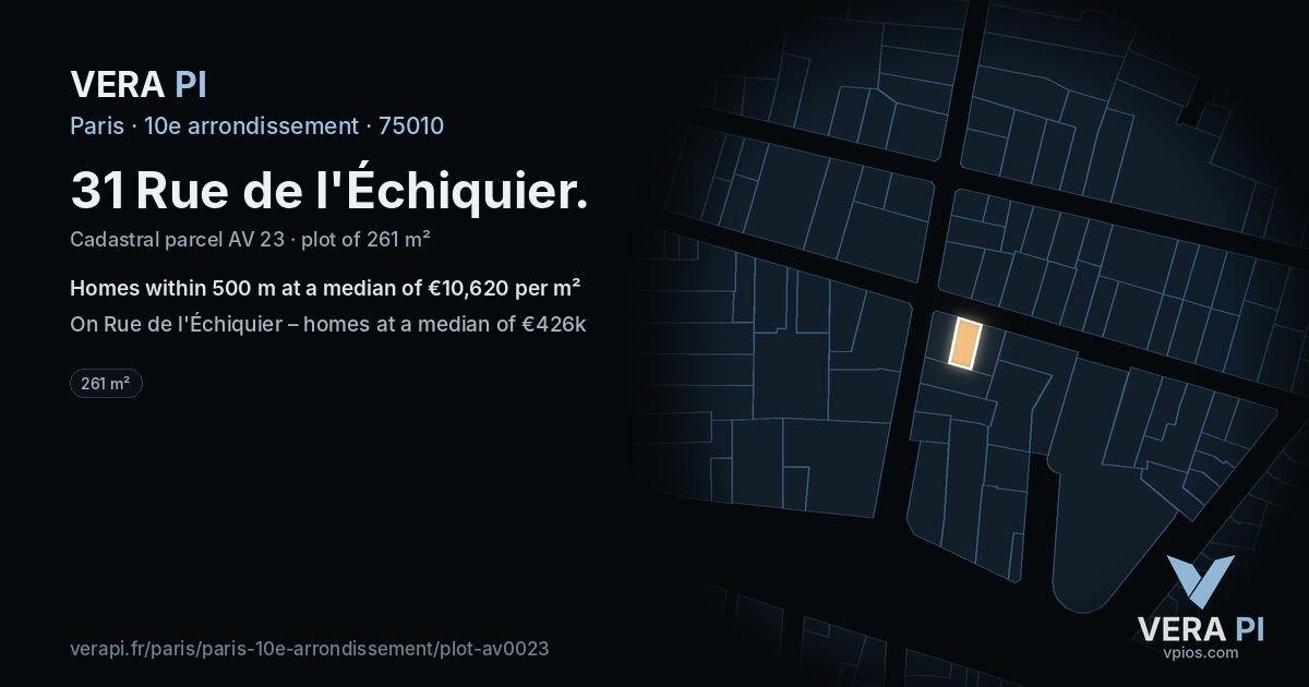 31 Rue de l'Échiquier, 10e arrondissement at night – the plot lit, the parcels around coloured by the prices near them