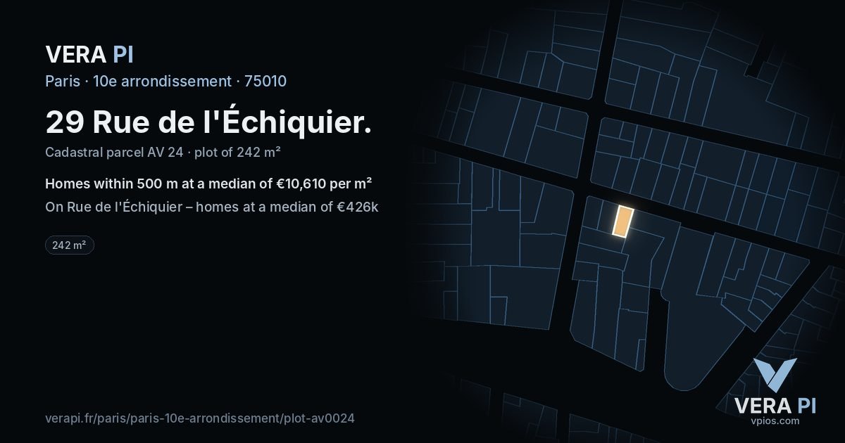 29 Rue de l'Échiquier, 10e arrondissement at night – the plot lit, the parcels around coloured by the prices near them