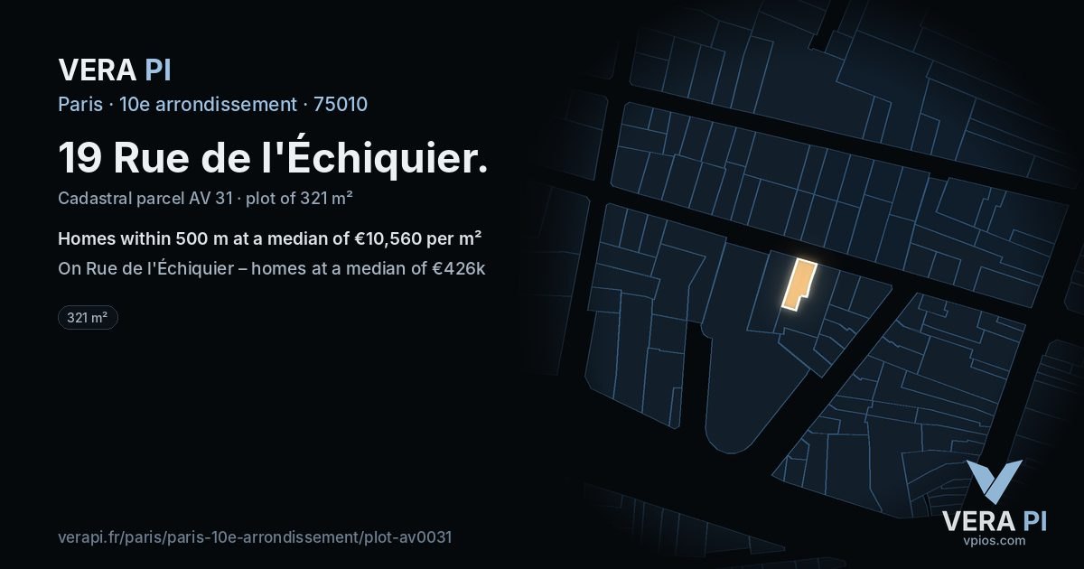 19 Rue de l'Échiquier, 10e arrondissement at night – the plot lit, the parcels around coloured by the prices near them