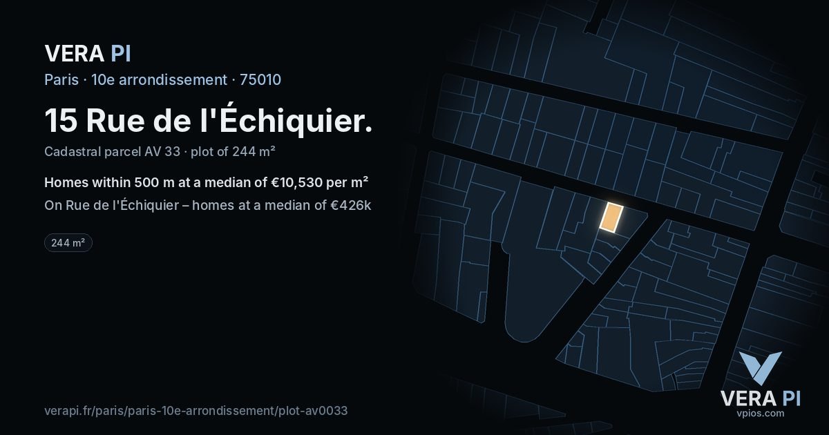 15 Rue de l'Échiquier, 10e arrondissement at night – the plot lit, the parcels around coloured by the prices near them