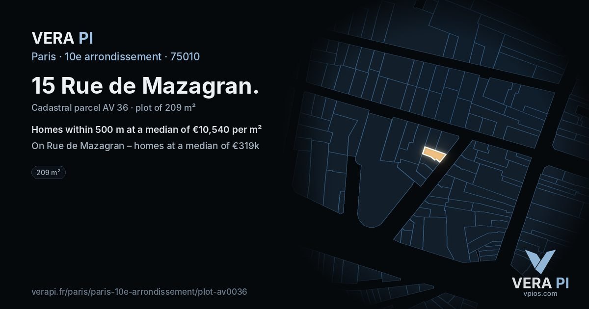 15 Rue de Mazagran, 10e arrondissement at night – the plot lit, the parcels around coloured by the prices near them