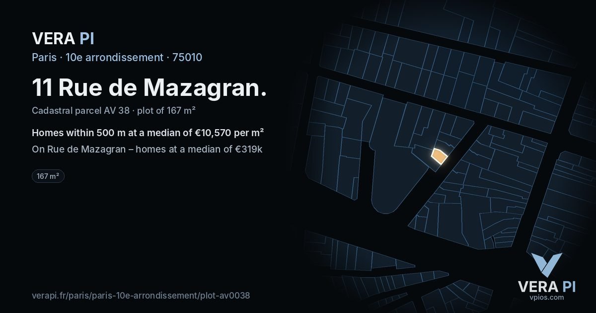 11 Rue de Mazagran, 10e arrondissement at night – the plot lit, the parcels around coloured by the prices near them