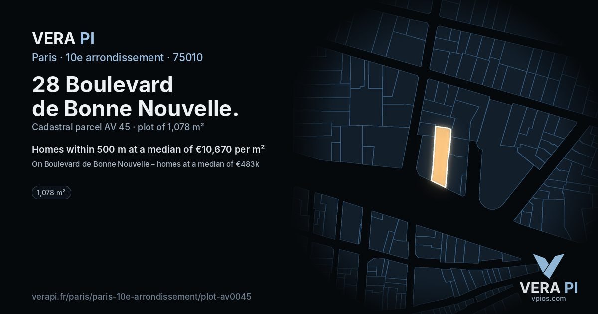 28 Boulevard de Bonne Nouvelle, 10e arrondissement at night – the plot lit, the parcels around coloured by the prices near them