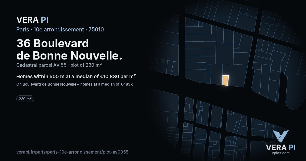 36 Boulevard de Bonne Nouvelle, 10e arrondissement at night – the plot lit, the parcels around coloured by the prices near them