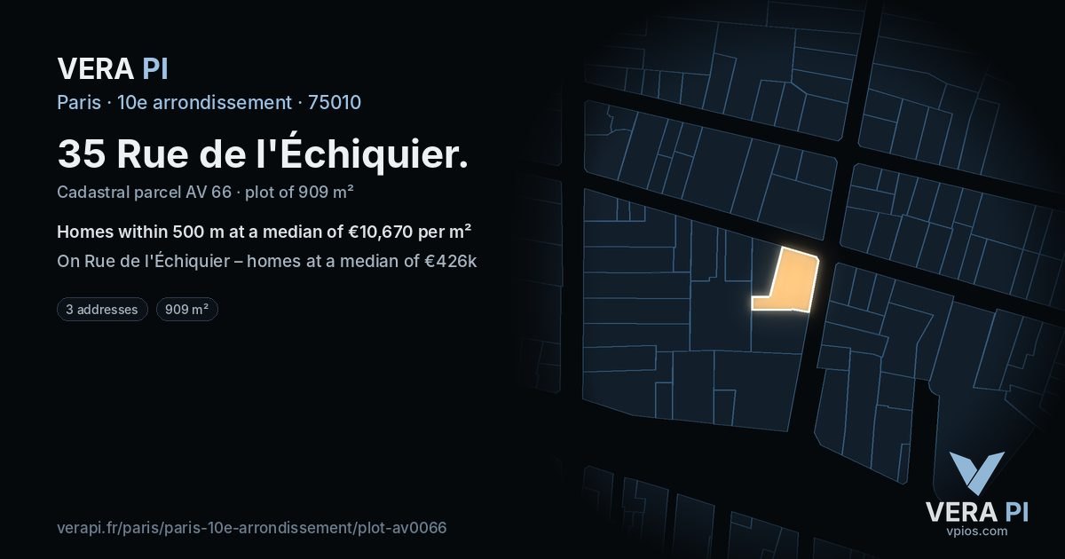 35 Rue de l'Échiquier, 10e arrondissement at night – the plot lit, the parcels around coloured by the prices near them