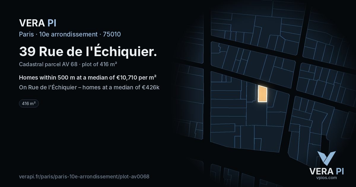 39 Rue de l'Échiquier, 10e arrondissement at night – the plot lit, the parcels around coloured by the prices near them