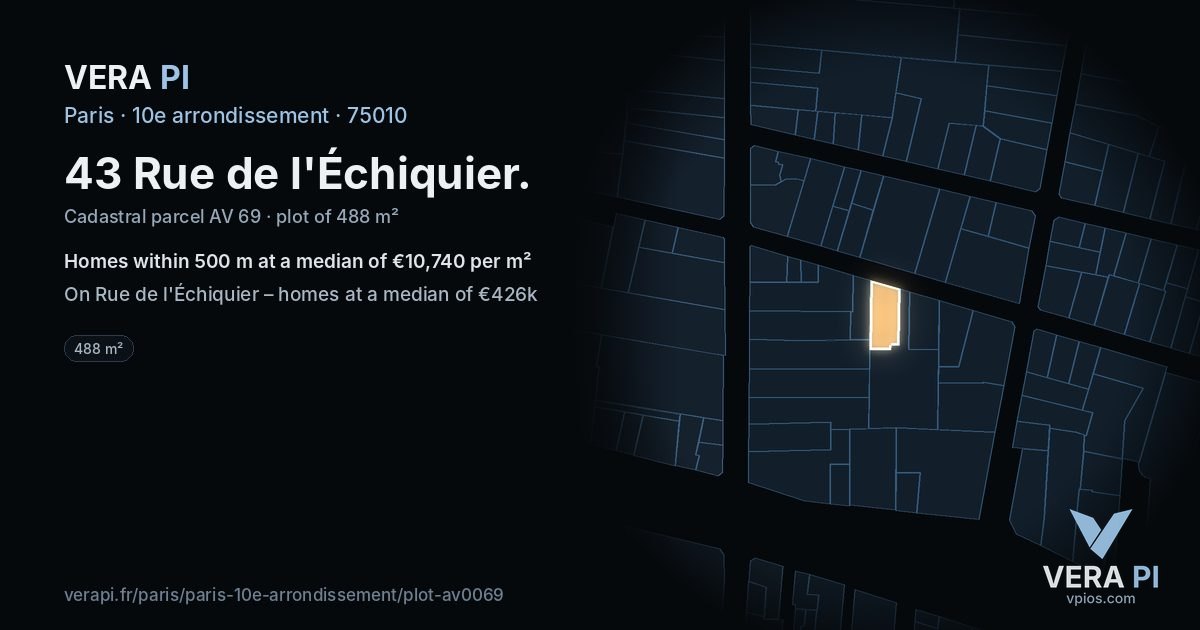 43 Rue de l'Échiquier, 10e arrondissement at night – the plot lit, the parcels around coloured by the prices near them