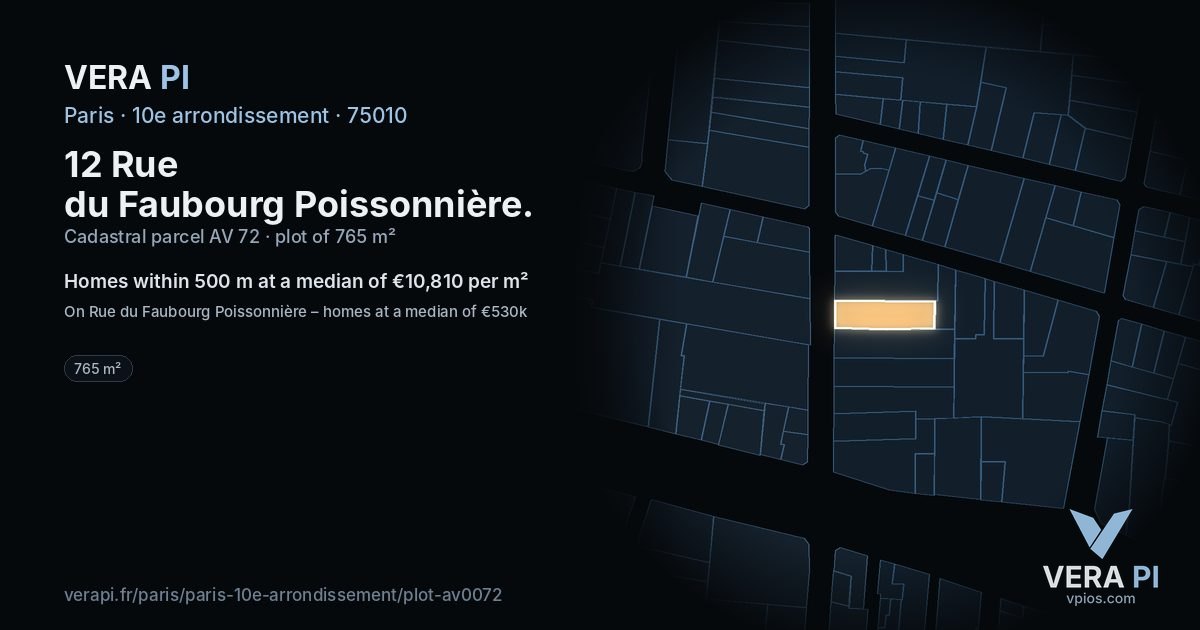 12 Rue du Faubourg Poissonnière, 10e arrondissement at night – the plot lit, the parcels around coloured by the prices near them