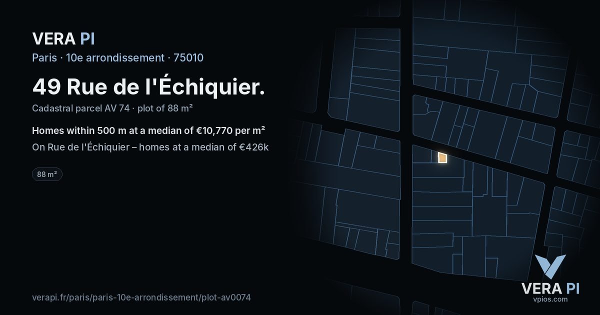 49 Rue de l'Échiquier, 10e arrondissement at night – the plot lit, the parcels around coloured by the prices near them