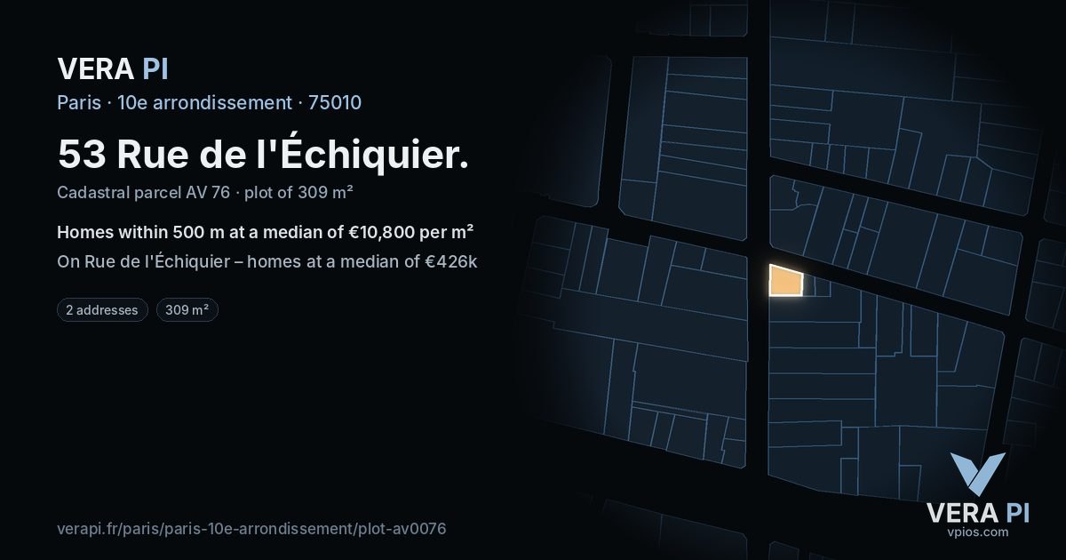 53 Rue de l'Échiquier, 10e arrondissement at night – the plot lit, the parcels around coloured by the prices near them