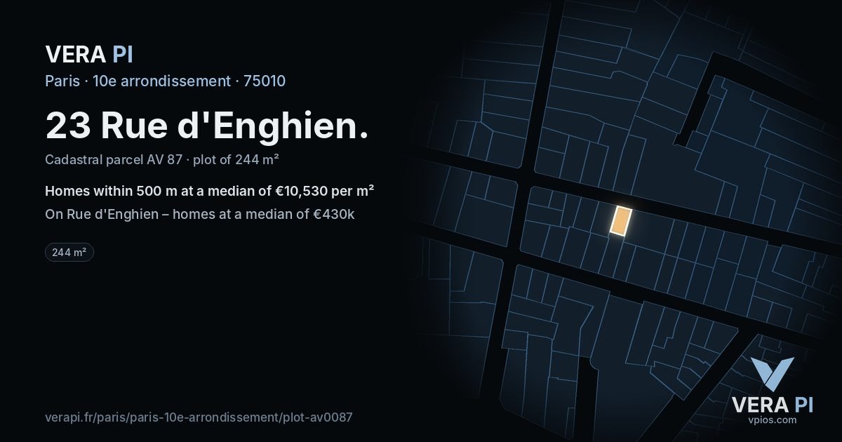 23 Rue d'Enghien, 10e arrondissement at night – the plot lit, the parcels around coloured by the prices near them