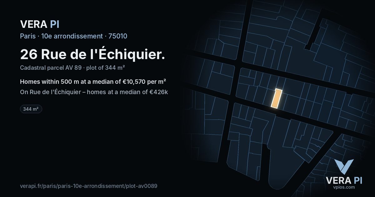 26 Rue de l'Échiquier, 10e arrondissement at night – the plot lit, the parcels around coloured by the prices near them