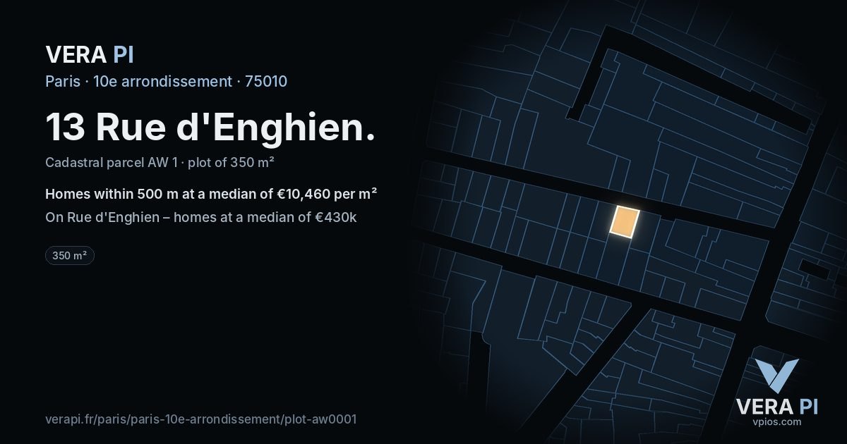 13 Rue d'Enghien, 10e arrondissement at night – the plot lit, the parcels around coloured by the prices near them