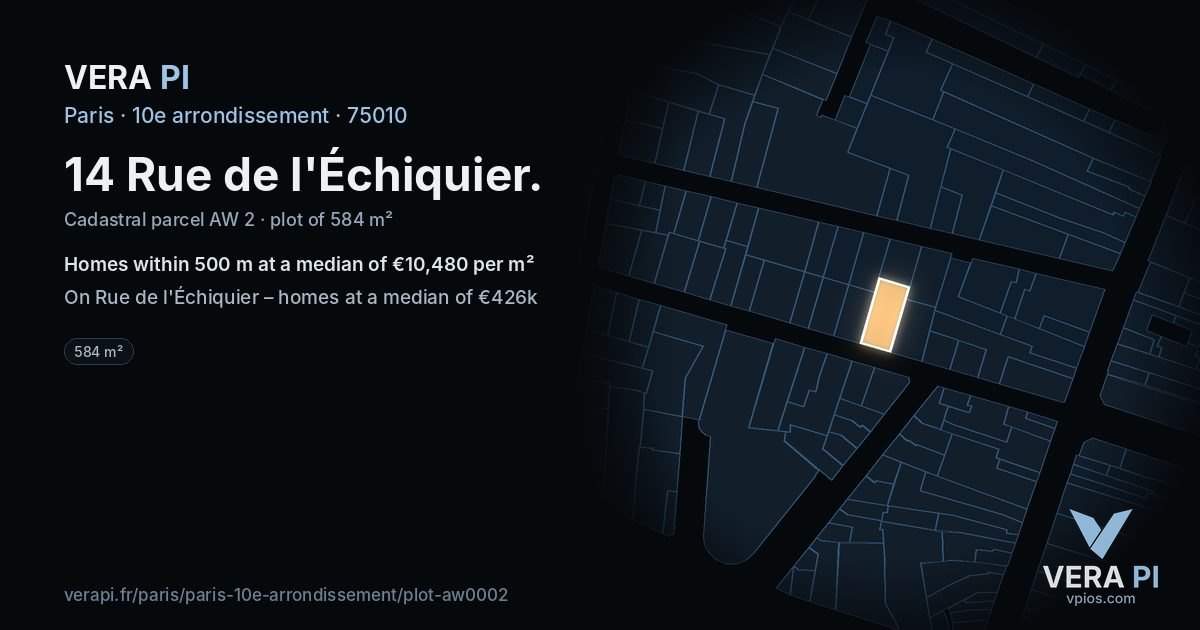 14 Rue de l'Échiquier, 10e arrondissement at night – the plot lit, the parcels around coloured by the prices near them