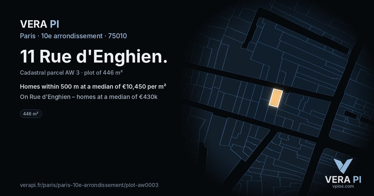 11 Rue d'Enghien, 10e arrondissement at night – the plot lit, the parcels around coloured by the prices near them
